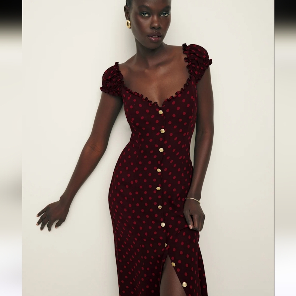Reformation Elegant Burgundy Polka Dot Midi Dress